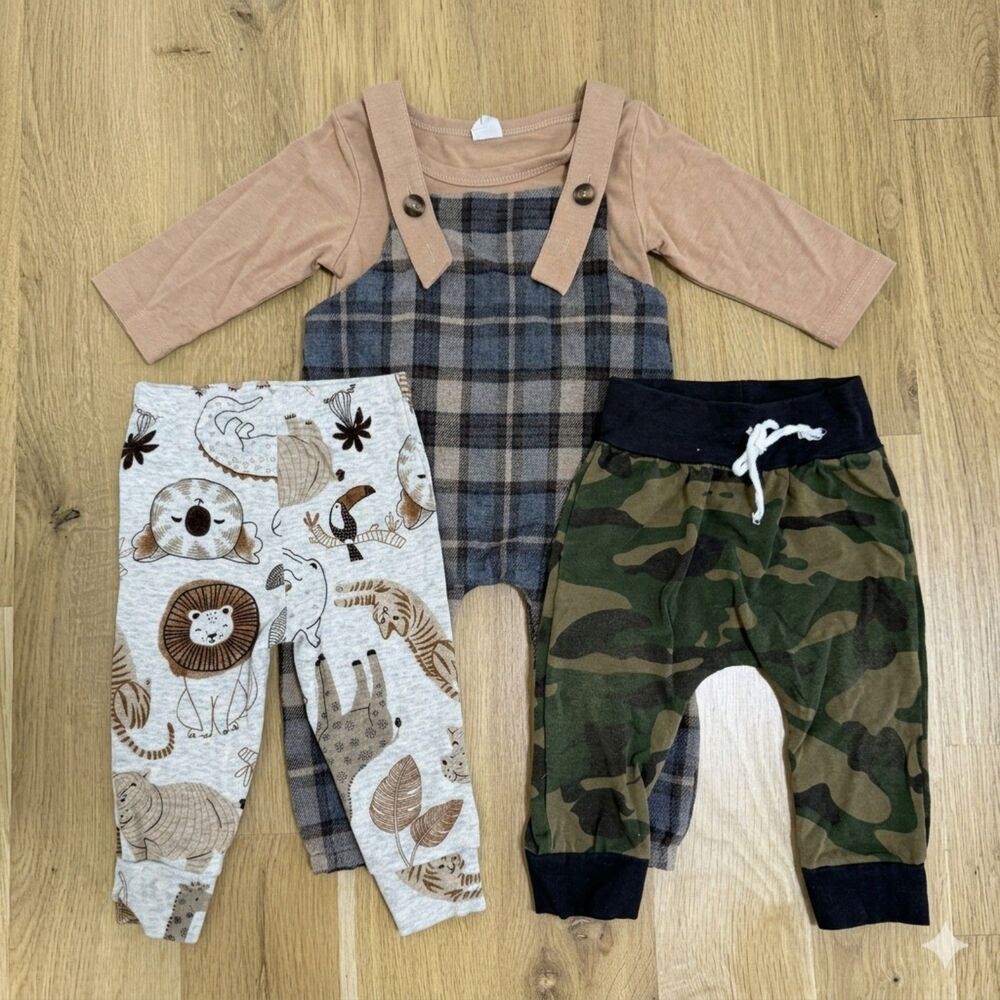 Carter's Shein Baby Boy Clothes Bundle 3-Pack Plaid Overalls Safari Camo 3-6M